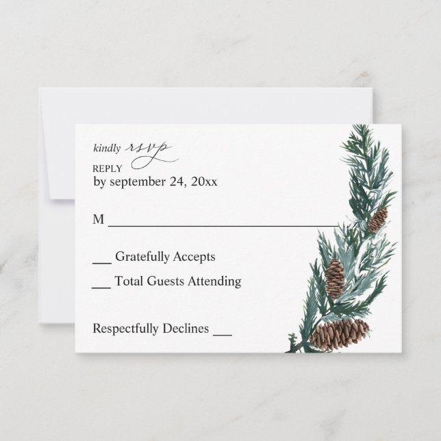 Winter Pine Cone & Tree Greenery no Meal RSVP Card (Front)