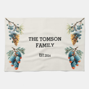 Winter Pine Cones Family Name Design Tea Towel