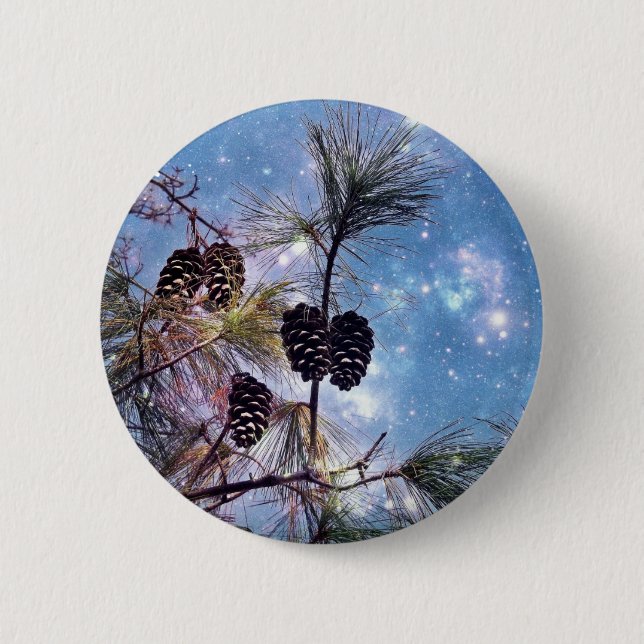 Winter Pine Cones under a starry night sky 6 Cm Round Badge (Front)