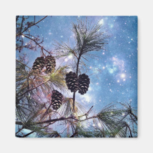 Winter Pine Cones under a starry night sky Magnet