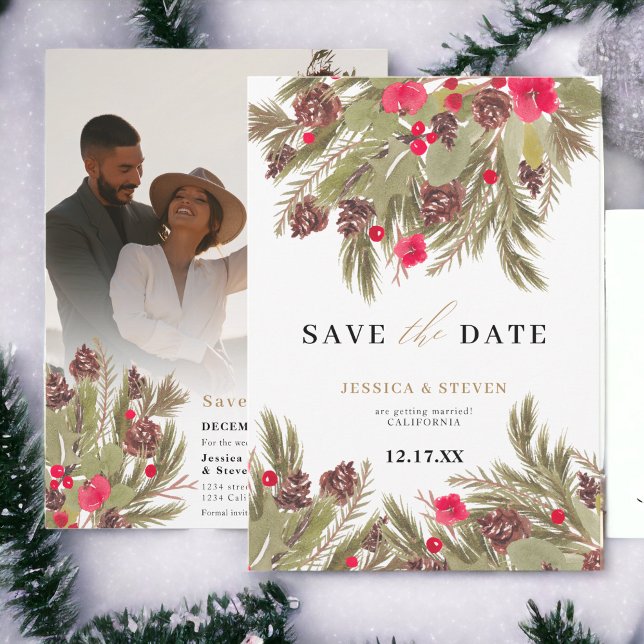 Winter pine elegance floral wedding save the date (Winter pine elegance floral wedding save the date)