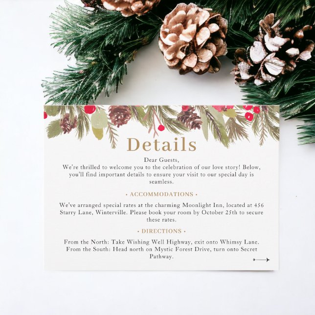 Winter pine elegance red green Wedding details Enclosure Card (Winter pine elegance red green Wedding details Enclosure Card)