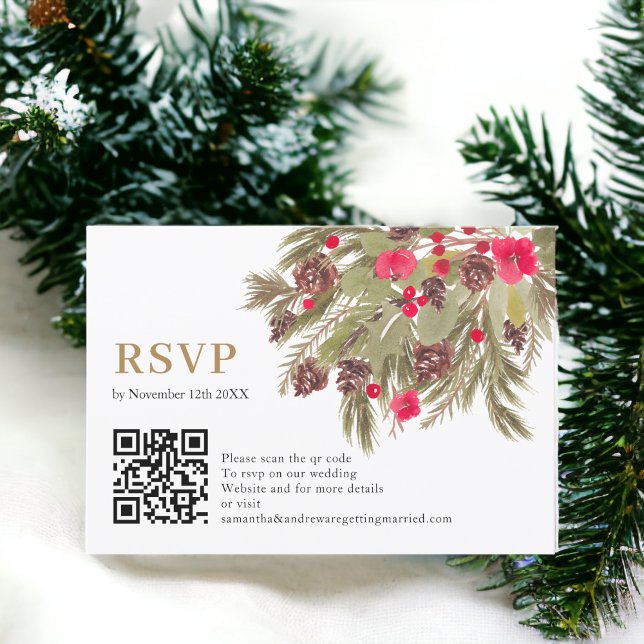Winter pine elegance red green wedding  Rsvp qr Card (Winter pine elegance red green wedding Rsvp qr)