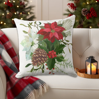 Winter Pine Floral Botanical Rustic Holiday Cushion