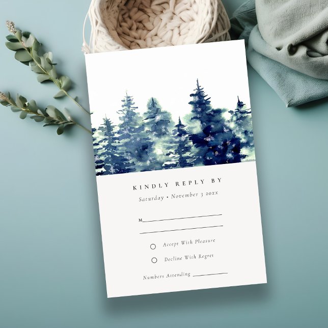 Winter Pine Forest Snow Watercolor Wedding RSVP Card (Creator Uploaded)