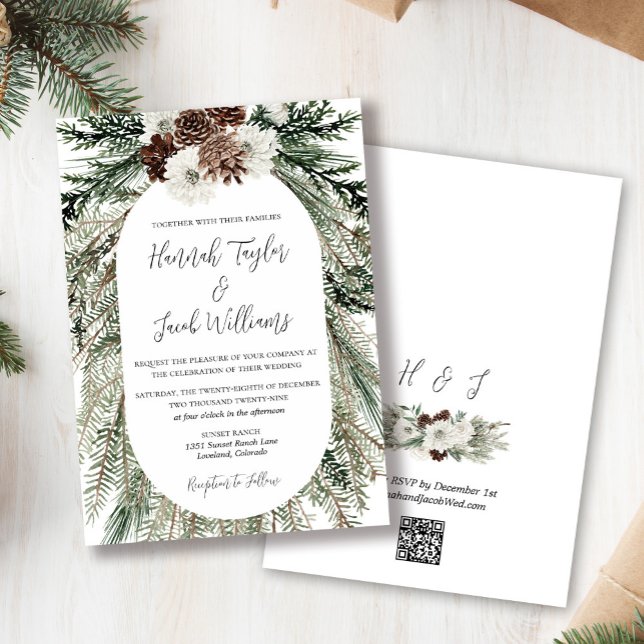 Winter Pine Forest Wedding with QR Code RSVP Invitation (winter pine forest wedding qr code invitation)
