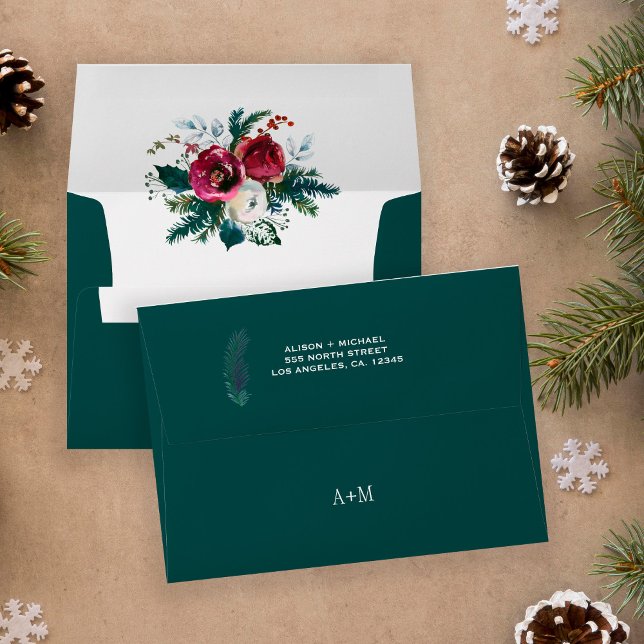 Winter pine green floral elegant wedding monogram envelope (Creator Uploaded)