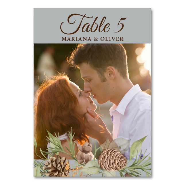 Winter Pine Grey Wedding Table Number (Front)