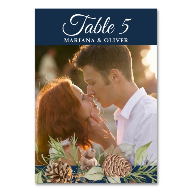 Winter Pine Navy Blue Wedding Table Number (Back)