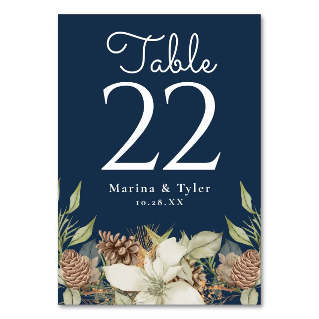 Winter Pine Navy Blue Wedding Table Number Cards (Back)