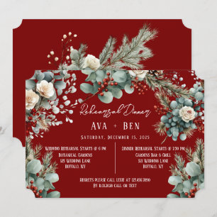 Winter Pine Needles Red Berries Rehearsal Dinner Invitation