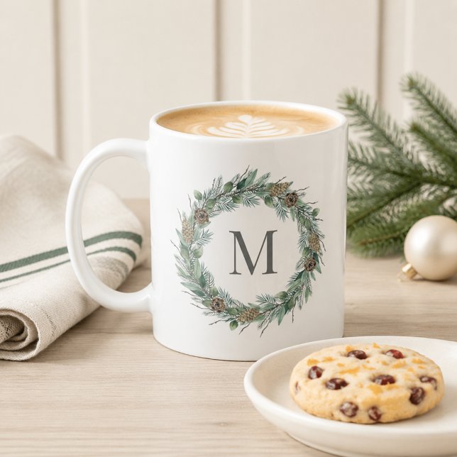 Winter Pine Pinecone Wreath Monogram Coffee Mug (Creator Uploaded)