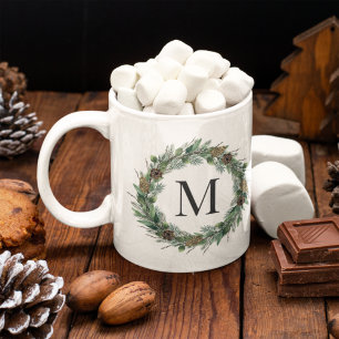 Winter Pine Pinecone Wreath Monogram Coffee Mug
