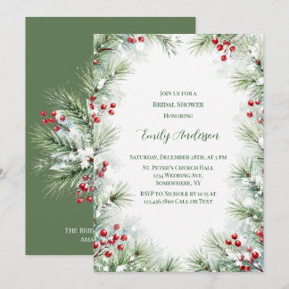 Winter Pine & Red Berry Bridal Shower Invitation