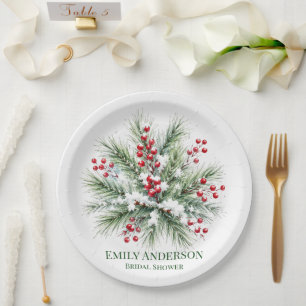 Winter Pine & Red Berry Bridal Shower Paper Plate