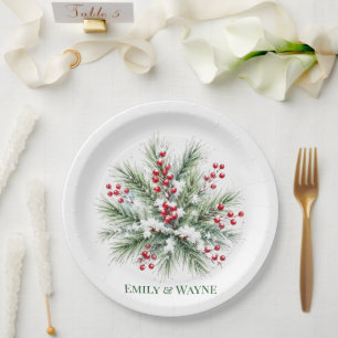 Winter Pine & Red Berry Wedding Paper Plate