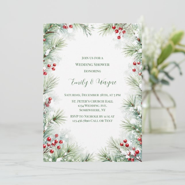 Winter Pine & Red Berry Wedding Shower Invitation (Standing Front)