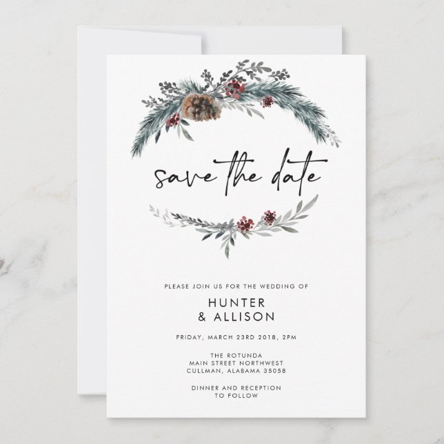 Winter Pine Save the Date Invitation (Front)