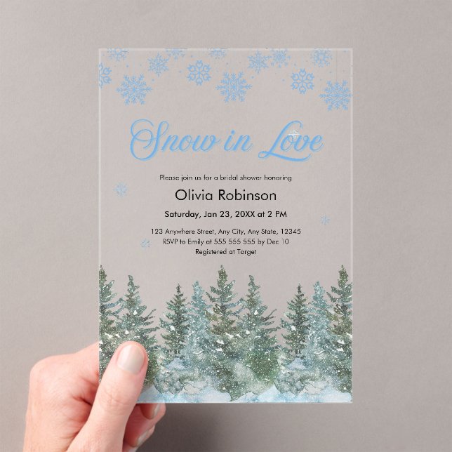 Winter Pine Snow in Love Snowflakes Bridal Shower Acrylic Invitations (Insitu (Handheld))