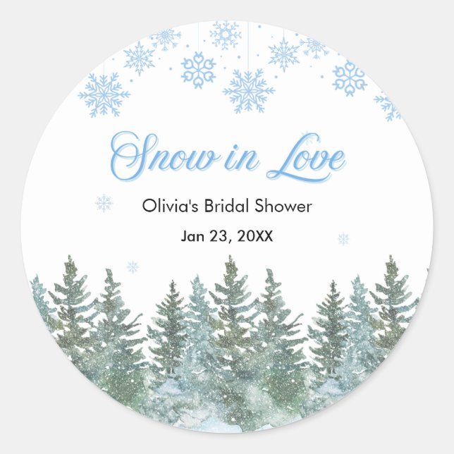 Winter Pine Snow in Love Snowflakes Bridal Shower Classic Round Sticker (Front)