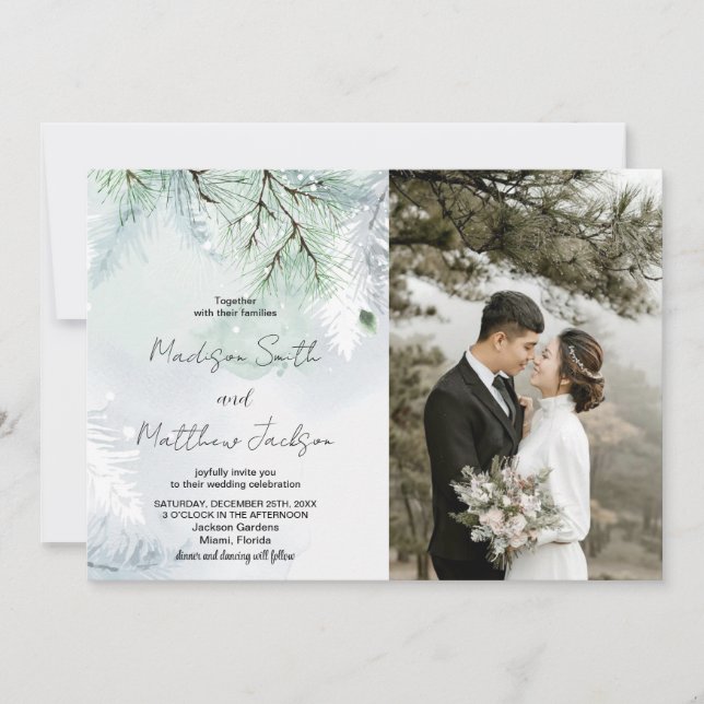 Winter Pine Snow Wedding Invitations with photo (Front)