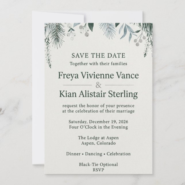 Winter Pine & Snowberry Evergreen Save the Date Invitation (Front)