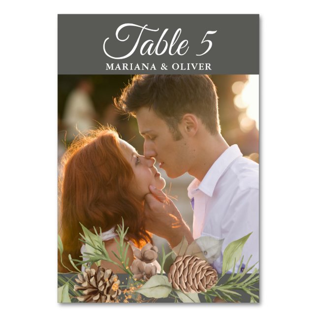 Winter Pine Stone Grey Wedding Table Number (Back)