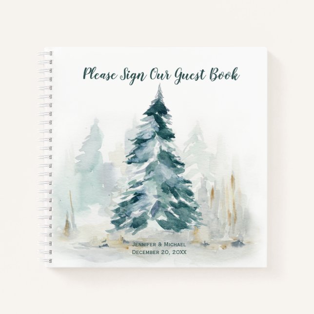 Winter Pine Tree Buffalo Plaid Wedding Guest Book (Front)