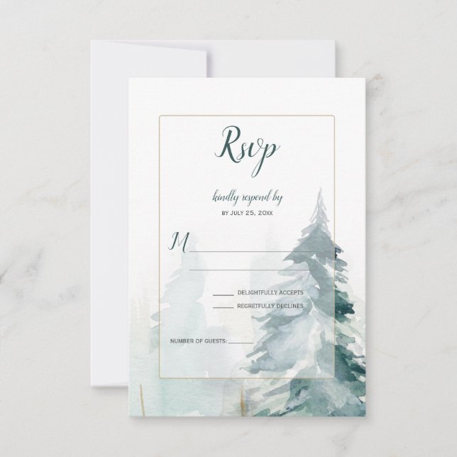 Winter Pine Tree Buffalo Plaid Wedding RSVP Card (Front)
