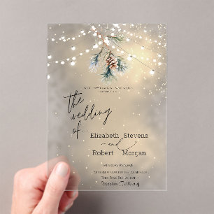 Winter Pine Tree Cone String Lights Wedding Acrylic Invitations