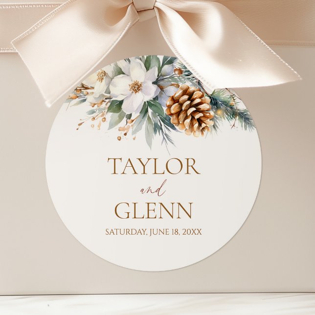 Winter Pine Tree Flower Floral Garden Wedding Classic Round Sticker (Creator Uploaded)