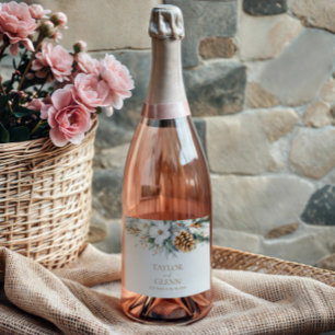 Winter Pine Tree Flower Floral Garden Wedding Sparkling Wine Label