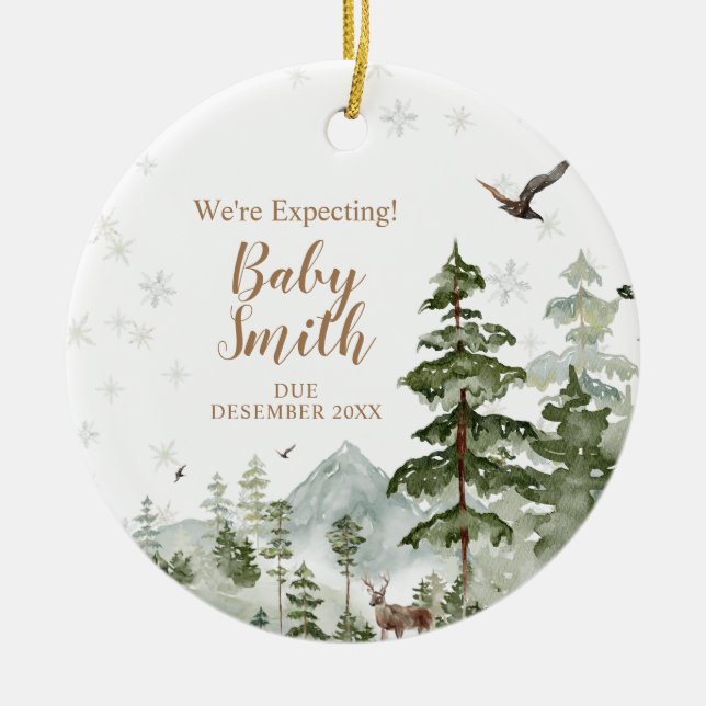 Winter Pine Tree Forest We're Expecting Parents Ceramic Tree Decoration (Front)