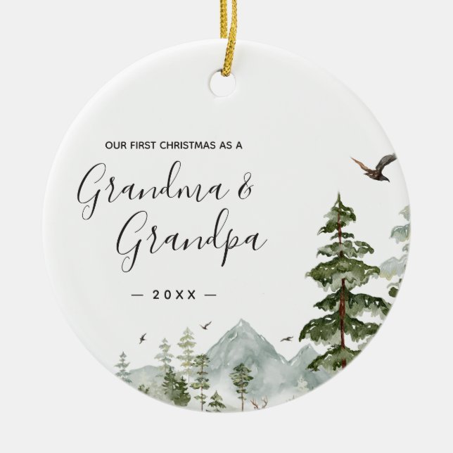 Winter Pine Tree Grandma Grandpa First Christmas Ceramic Tree Decoration (Front)