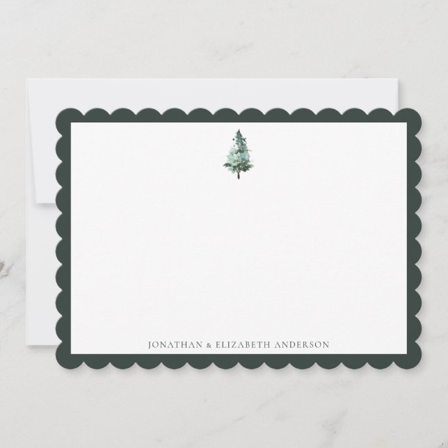 Winter Pine Tree Minimalist Scalloped Note Card (Front)