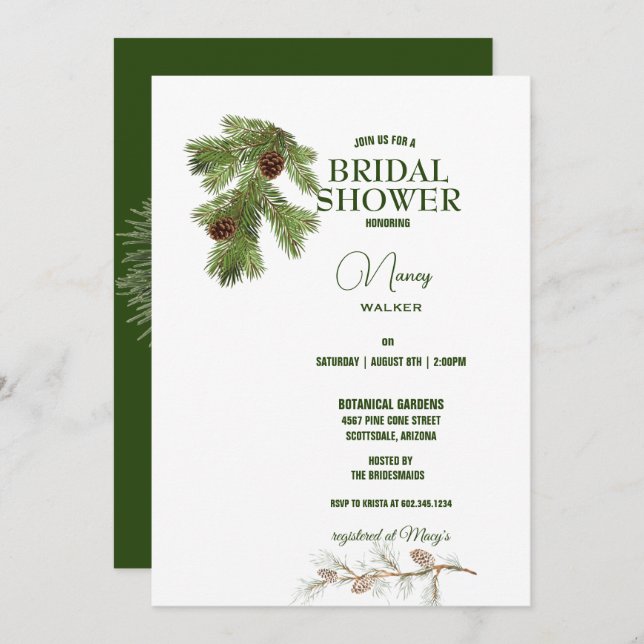 Winter Pine Tree & Pine Cones Bridal Shower Invitation (Front/Back)