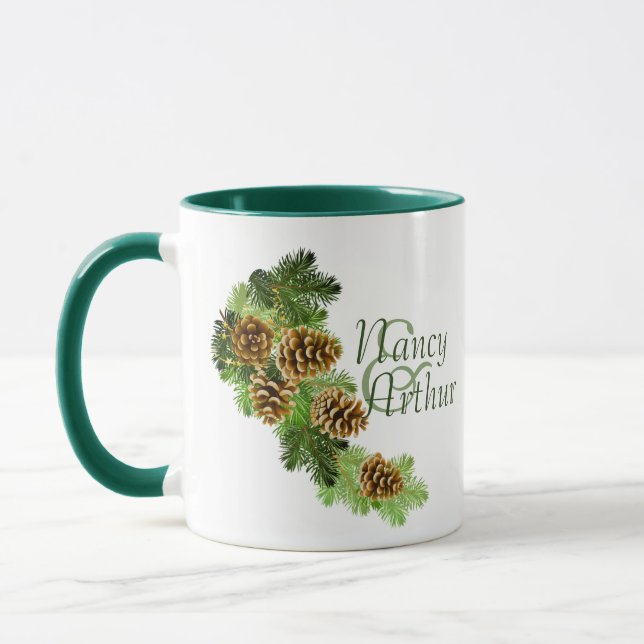 Winter Pine Tree & Pine Cones Wedding Mug (Left)