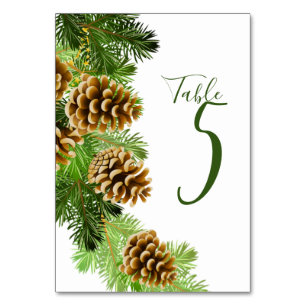Winter Pine Tree & Pine Cones Wedding Table Number