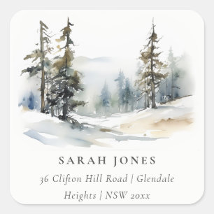 Winter Pine Tree Snow Landscape Watercolor Address Square Sticker