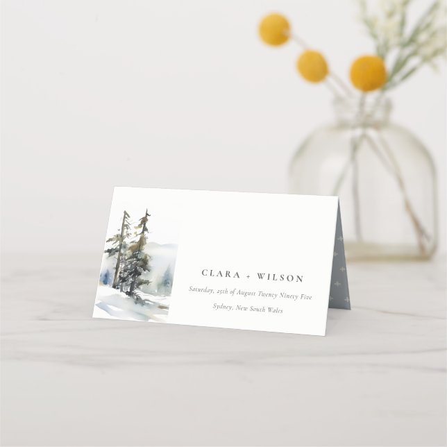 Winter Pine Tree Snow Landscape Watercolor Wedding Place Card (Front)