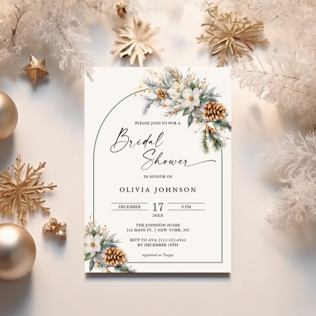 Winter Pine Tree White Floral Arch Bridal Shower Invitation (Creator Uploaded)