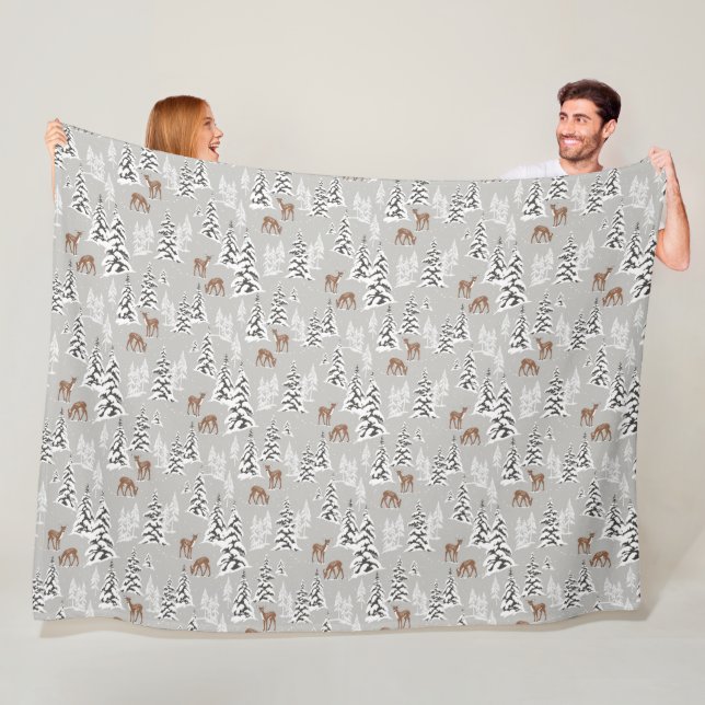 Winter Pine Trees and Cute Deer  Fleece Blanket (In Situ)