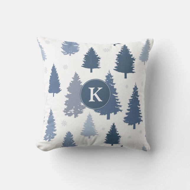 Winter Pine Trees and Snowflakes Christmas Pattern Cushion (Front)