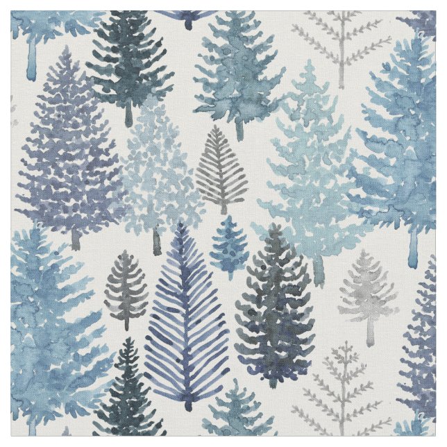 Winter Pine Trees Blue Grey  Fabric (Close Up)