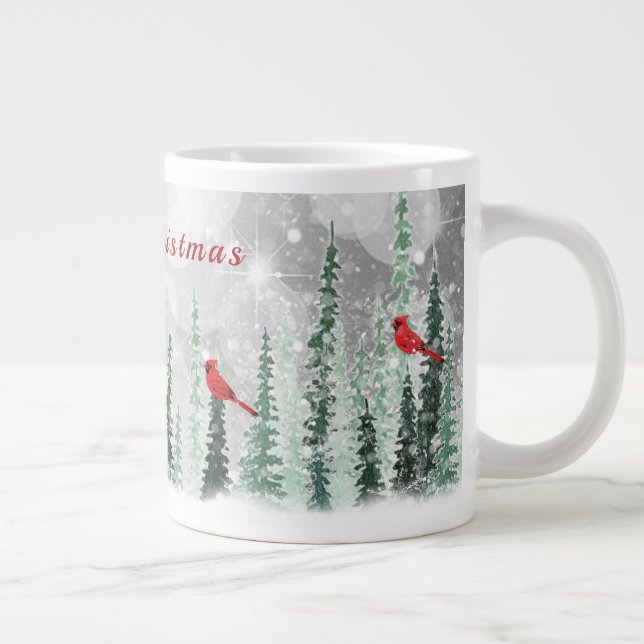 Winter Pine Trees Christmas Red Cardinals Large Coffee Mug (Right)