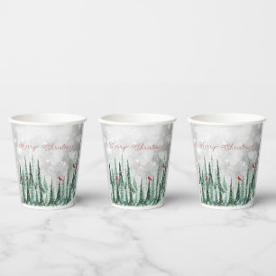 Winter Pine Trees Christmas Red Cardinals Paper Cups