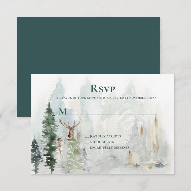 Winter Pine Trees Deer Antlers Snow RSVP Card (Front/Back)