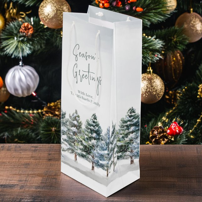Winter Pine Trees Holiday Personalised  Wine Gift Bag (Holiday custom wine gift bag with watercolor pine trees.)