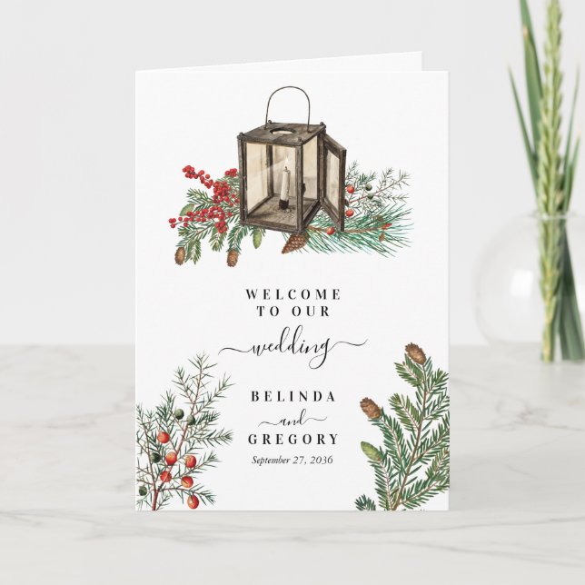 Winter Pine Trees Lantern Wedding Order of Service Programme (Front)