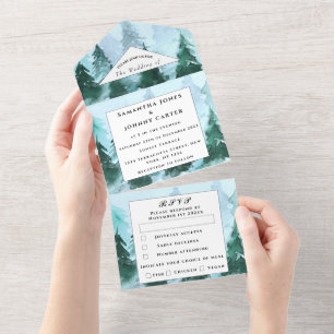 Winter Pine Trees RSVP Watercolor Forest Wedding All In One Invitation